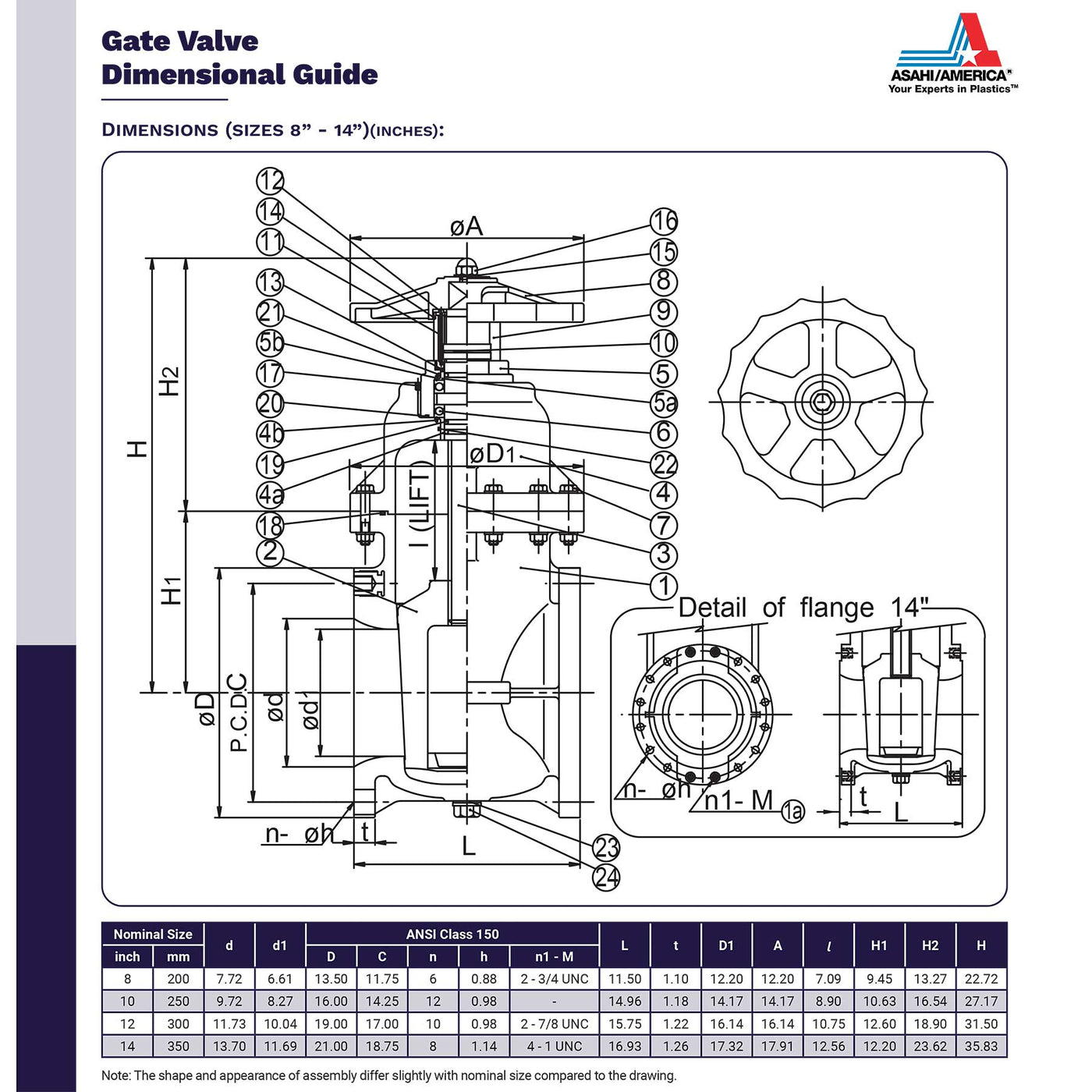 Asahi Gate Valve Dimensional Guide 8 to 14 in.