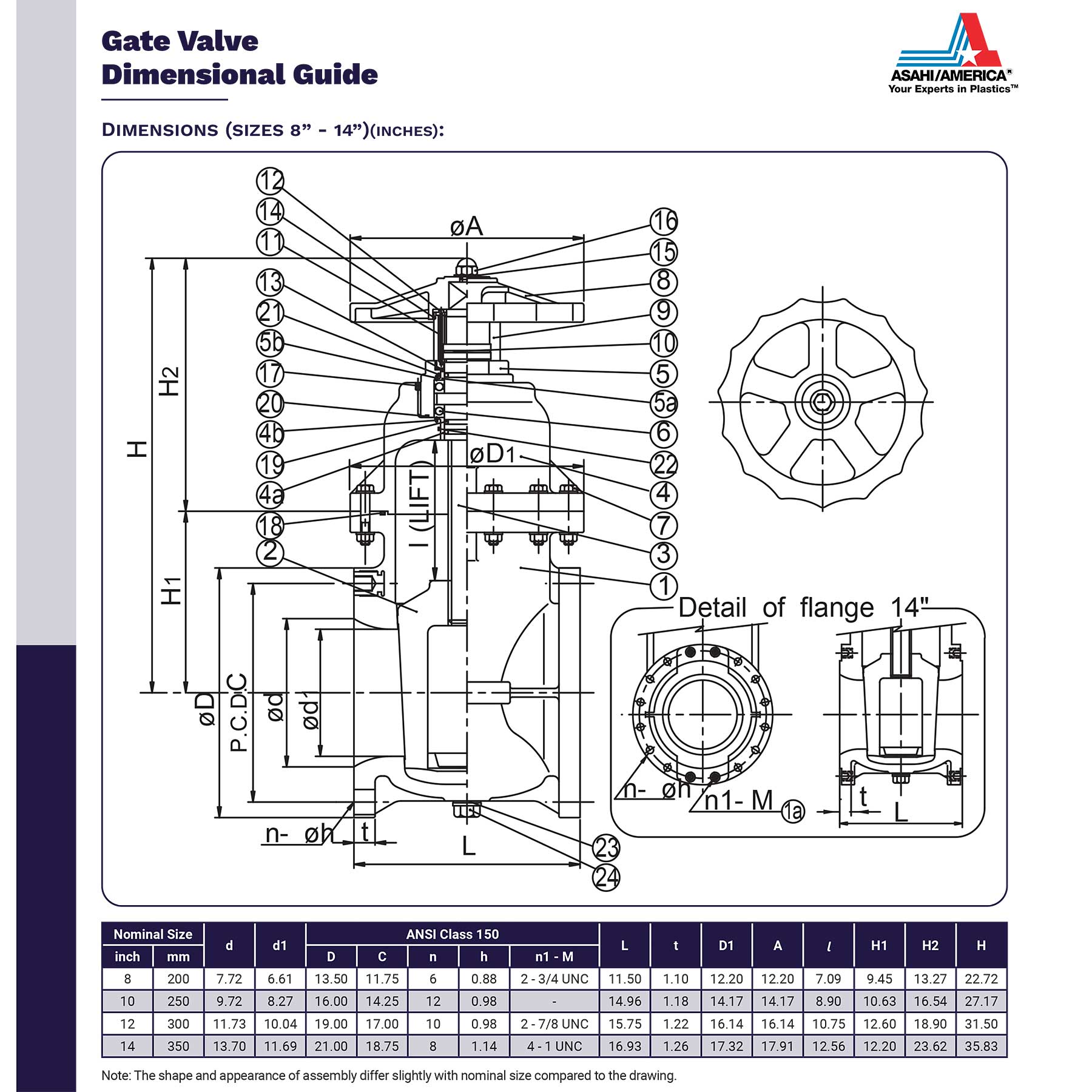 Asahi Gate Valve Dimensional Guide 8 to 14 in.