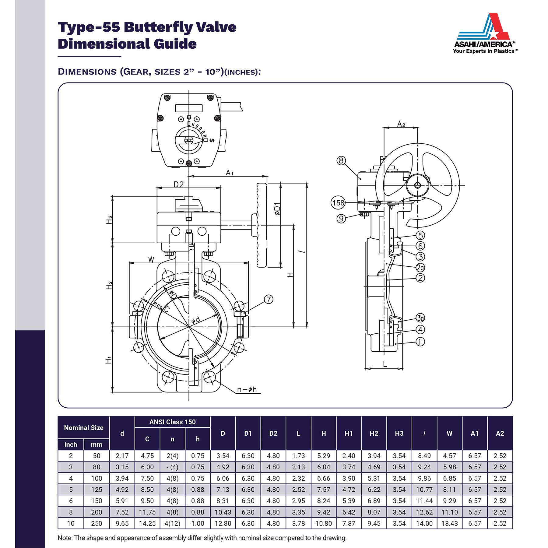 Asahi Type-55 Butterfly Valve Dimensional Guide Gear