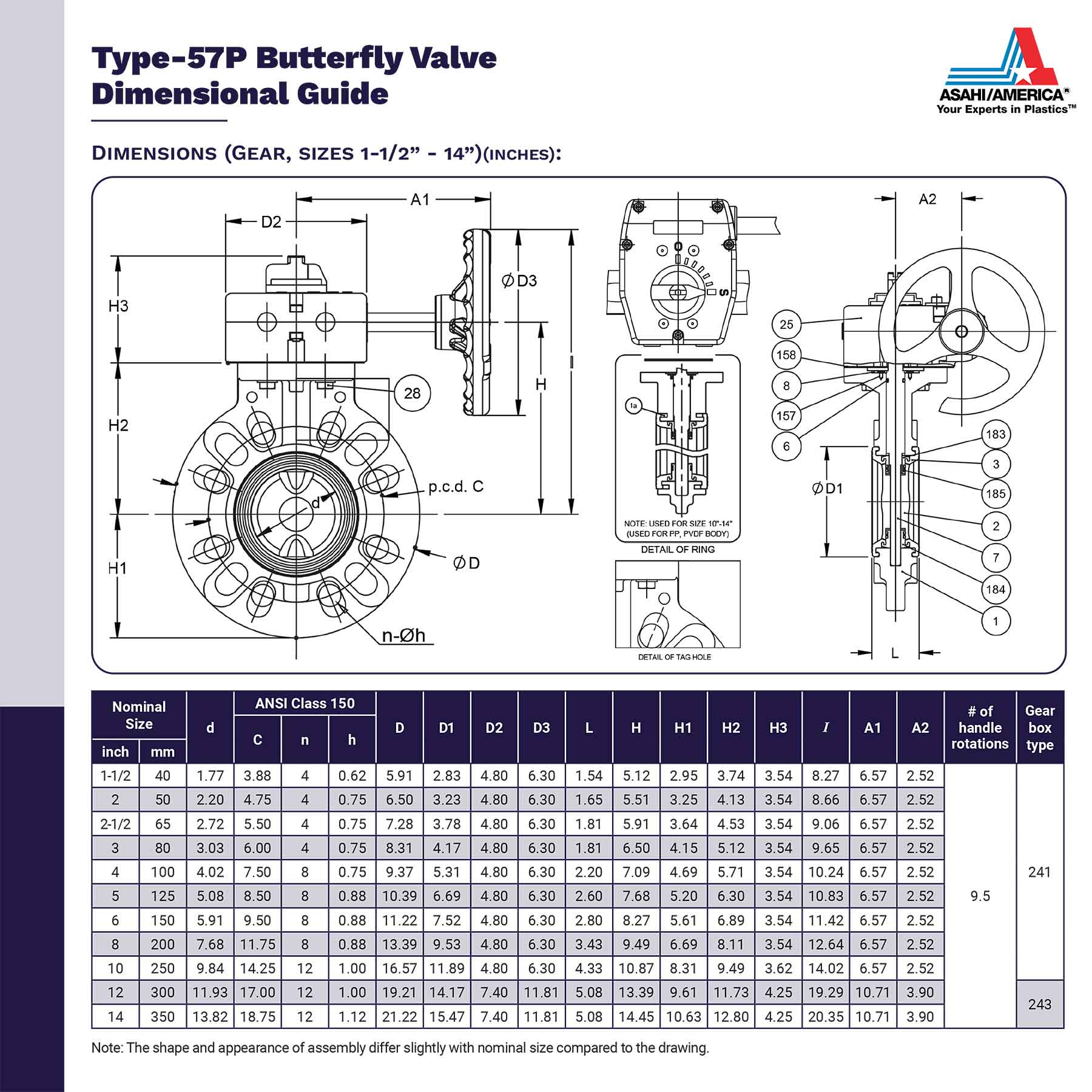 Asahi Type-57P Butterfly Valve Dimensional Guide Gear
