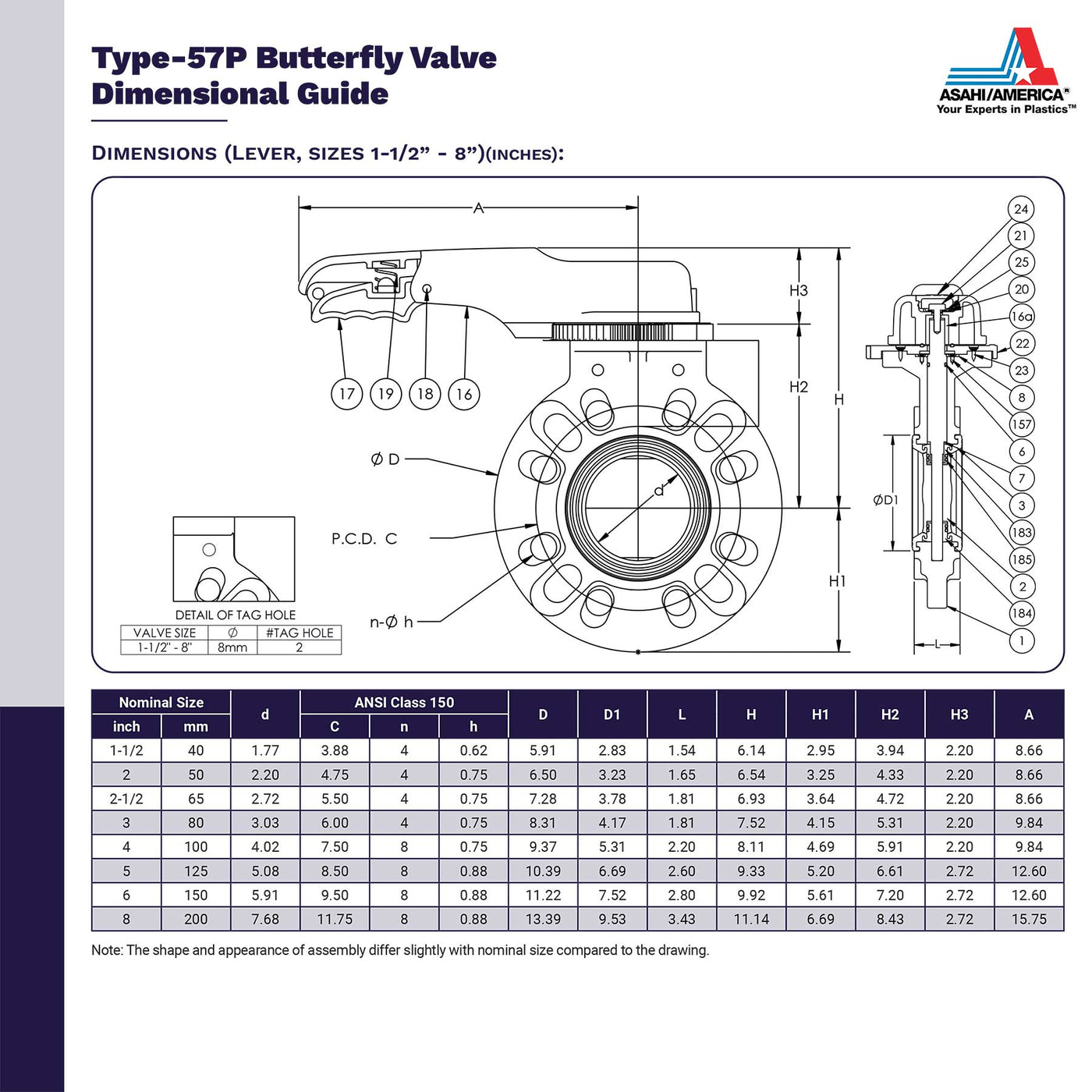 Asahi Type-57P Butterfly Valve Dimensional Guide Lever