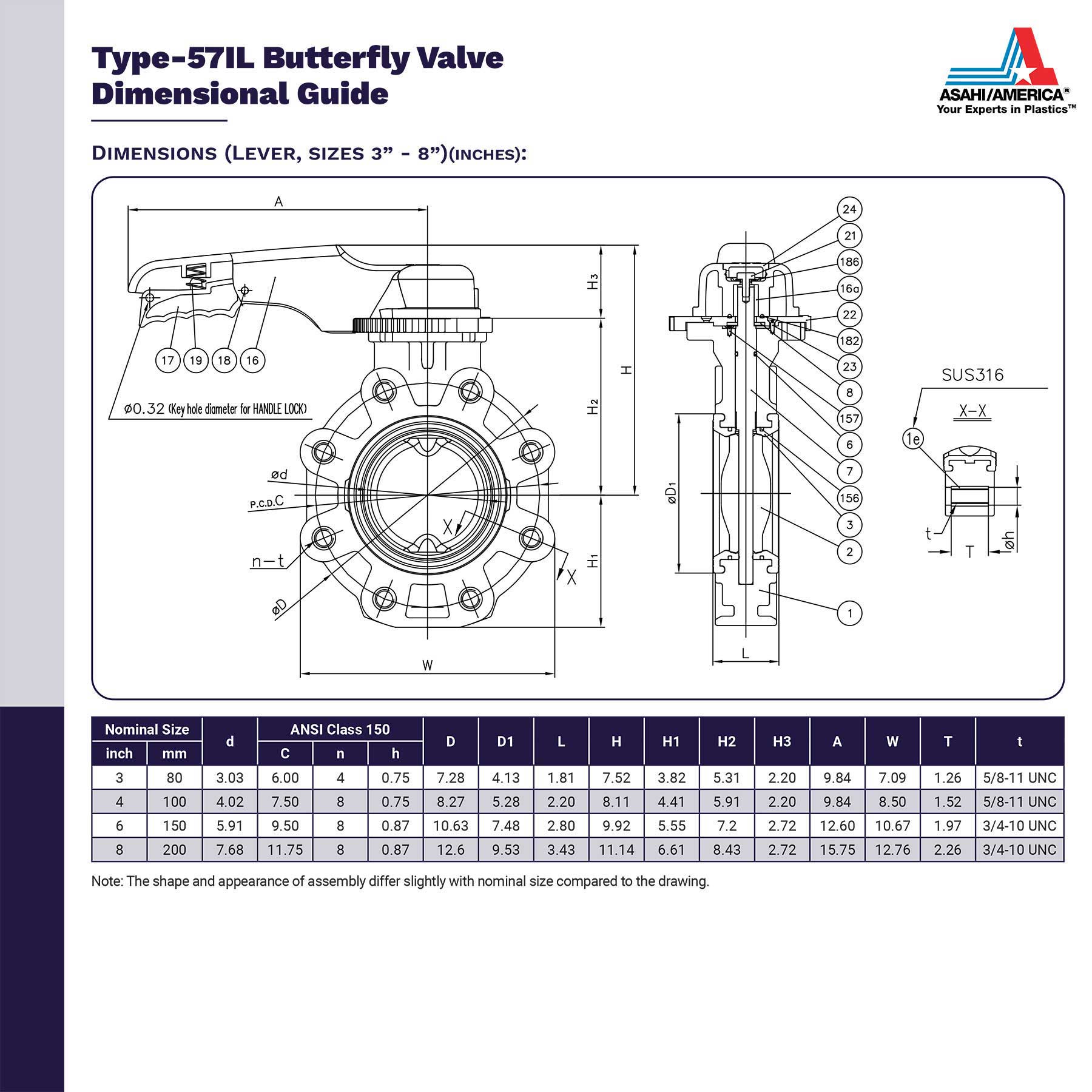 Asahi Type-57IL Butterfly Valve Dimensional Guide Lever Sizes