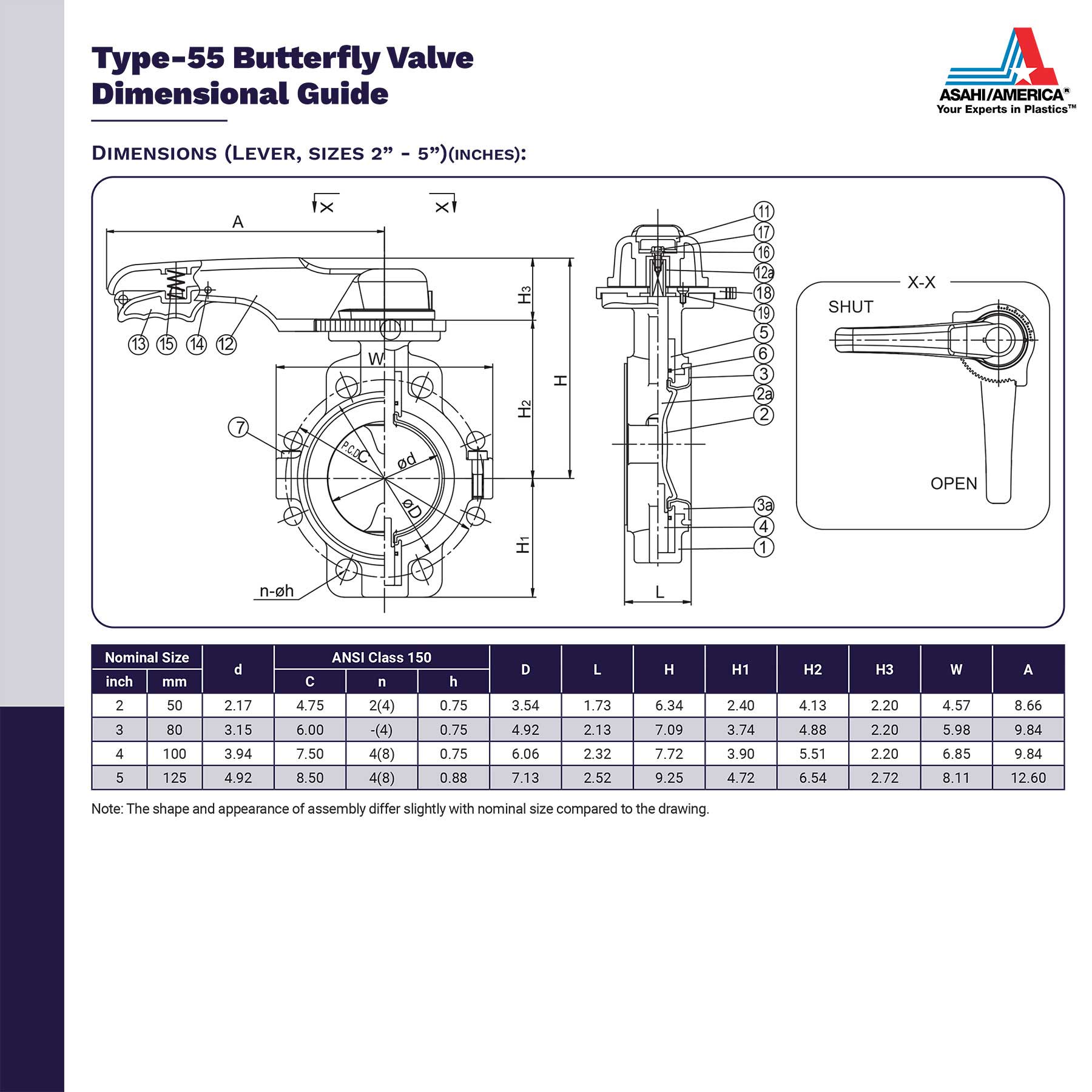 Asahi Type-55 Butterfly Valve Dimensional Guide Lever