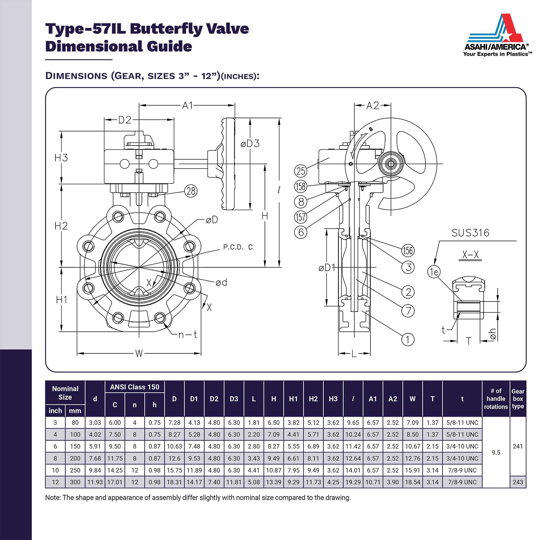 Asahi Type-57IL Butterfly Valve Dimensional Guide Gear Sizes